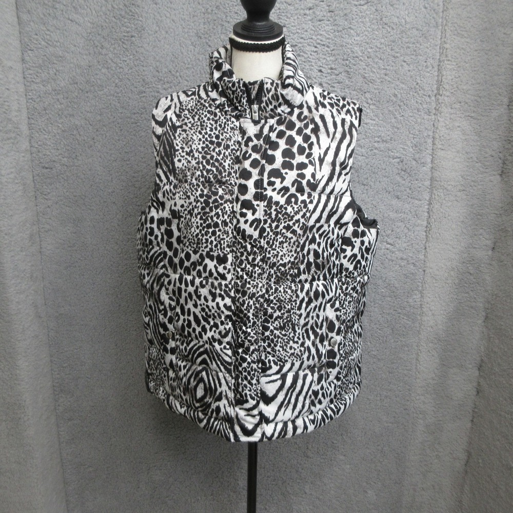 Jones New York Sport Puffer Vest Women XL BlackWhite Animal Safari Print Quilted